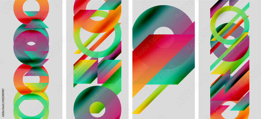 Poster abstract colorful geometric shapes overlap, creating dynamic visual panels. bright hues blend, formi
