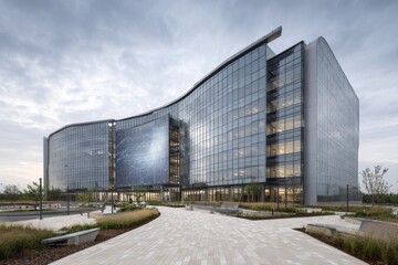 Obraz premium High-tech research facility with a curved glass facade, symbolizing innovation, science, and modern architecture.