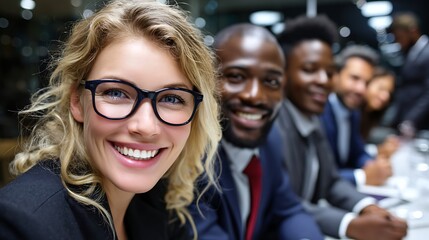 Fototapeta premium Smiling Business Team in Office Setting with Focus on Multicultural Collaboration