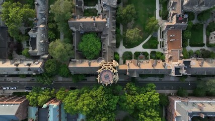 Aerial Top-down of Yale University’s gothic architecture, historic courtyards and symmetrical campus layout in New Haven, Connecticut. Sunny day in summer.