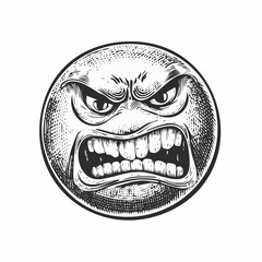 Angry emoticon vintage engraving sketch illustration with detailed retro line art of an expressive face symbol, perfect for communication themes, social media designs, vintage concept prints, emotiona