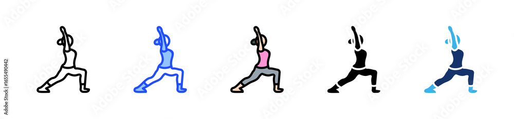 Poster warrior pose icon collection with multiple styles