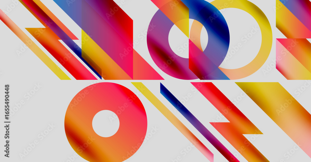 Poster abstract composition featuring overlapping colorful shapes. dynamic gradients create visual interest