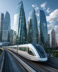 High-speed maglev train passing through a futuristic cityscape, representing advanced transportation and innovation.