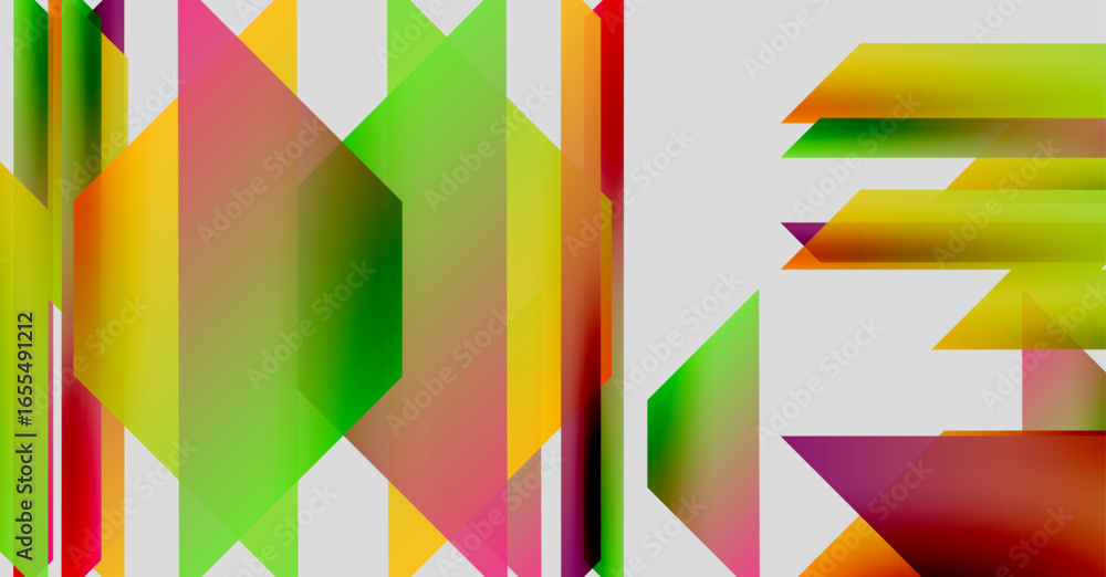 Poster abstract geometric design featuring colorful overlapping shapes forming letters. bright hues create 