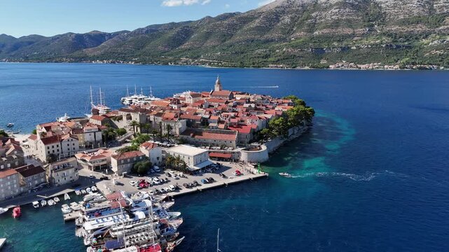 korcula aerial drone view east coast of the island of Korčula, in Croatia, in the Adriatic sea balkans