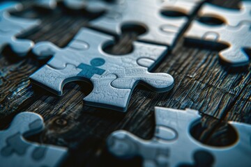 Teamwork puzzle piece on wood table.  Background blur, problem-solving concept