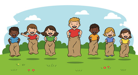 Children Jumping in Potato Sacks, Playing Outdoors, Smiling.