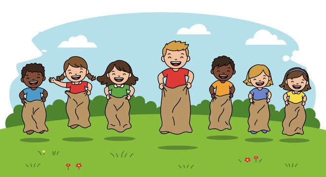 Children Jumping in Potato Sacks, Playing Outdoors, Smiling.