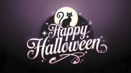Happy Halloween text with black cat in full moon emblem on violet to black background