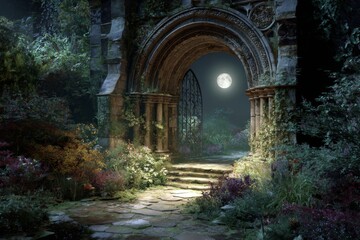 Obraz premium Hidden garden with an ornate stone archway illuminated by soft golden light, creating a magical and serene escape.