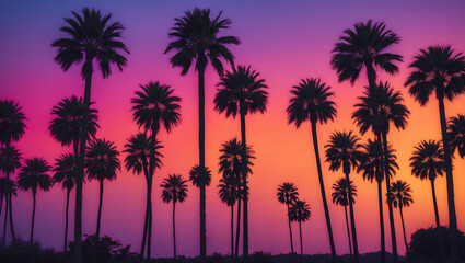 Obraz premium Silhouette of palm trees at sunset. Silhouette palm tree at tropical beach. 80s vibe. Tropical background. Ai Generative.