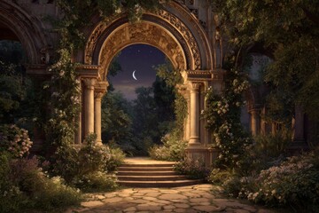 Fototapeta premium Hidden garden with an ornate stone archway illuminated by soft golden light, creating a magical and serene escape.