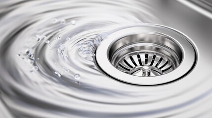 Close-up of a stainless steel sink with water swirling around the drain, capturing reflections and ripples