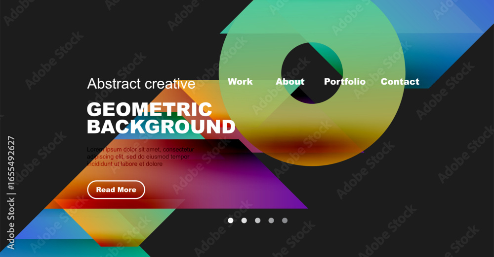 Poster modern website design features vibrant geometric shapes, text overlays, navigation menu. dark backgr