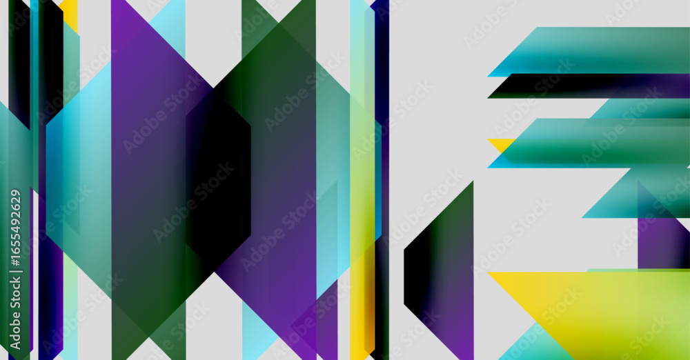 Poster abstract geometric design featuring bold colors, sharp angles, overlapping shapes. letters visible w