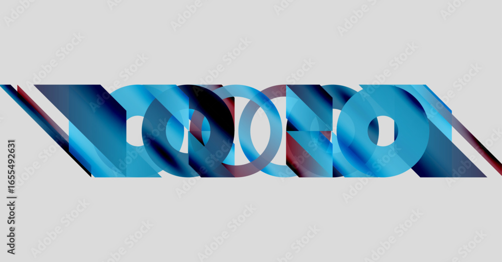 Poster abstract design features overlapping blue shapes. circular forms intersect with angled lines, creati