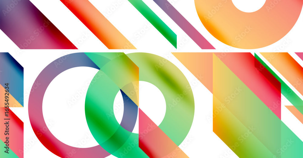 Poster abstract geometric shapes overlap, creating vibrant color gradients. composition features circles, t