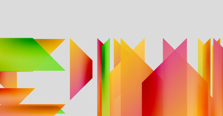Abstract geometric shapes overlap, creating vibrant color blocks. Composition features gradients, angles, modern design elements.