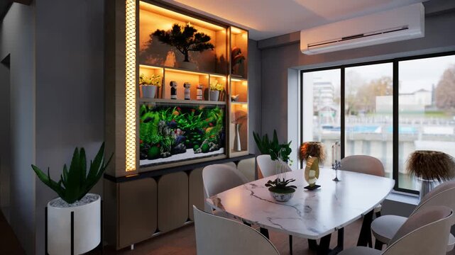 Modern Minimalist Aquarium in Built in Cabinet Dining Room Interior Design
