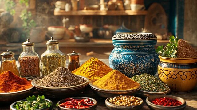 display of vibrant and aromatic culinary seasonings arranged on a rustic wooden table, showcasing a rich palette of flavors and traditions for gastronomy