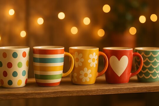 Five colorful mugs sit on a rustic wooden shelf against a soft, bokeh-lit background indoors