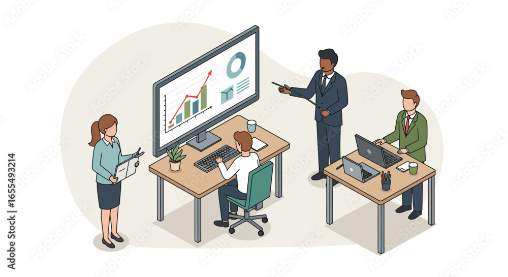 Poster business team analyzing data on computer screen