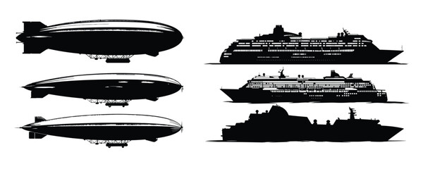 set of airship and cruise ship silhouette for transport infographic and travel design