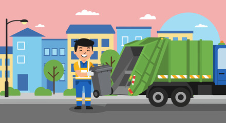 Smiling Sanitation Worker with Garbage Truck and Bin
