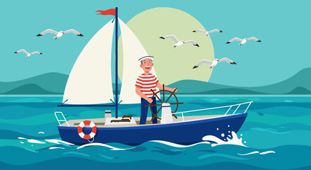Cheerful Sailor Steering a Blue Sailboat on the Sea