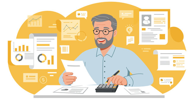 Smiling Senior Man Analyzing Financial Documents