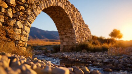 Fototapeta premium Serene sunset view of a stone bridge arching over a tranquil stream in a picturesque landscape