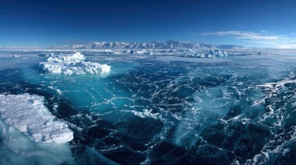 Naklejka premium Arctic landscape featuring ice floes, fractured ice, snow-covered mountains and clear sky