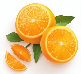 Fresh whole oranges with green leaves and sliced orange half placed on clean white background, high definition detail with bright light source, clear focus, no shadow, vivid orange fruit texture
