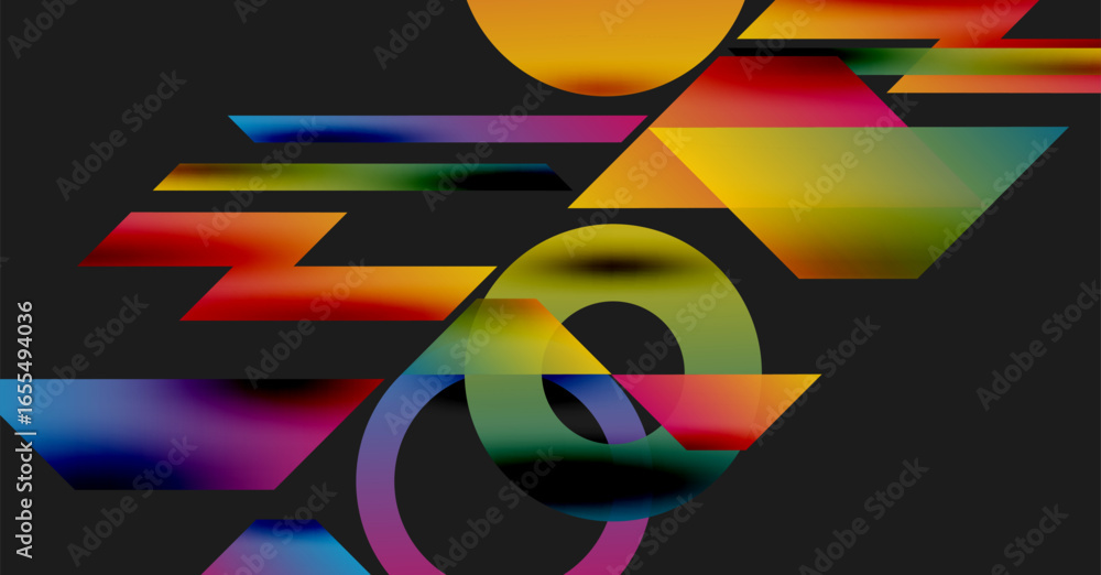 Poster abstract composition. vibrant geometric shapes overlap, creating dynamic visual effect. colors blend