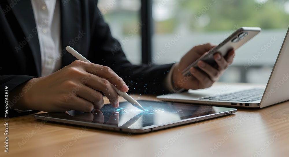 Poster close-up of a person in a suit using a stylus on a tablet with digital graphics, holding a smartphon