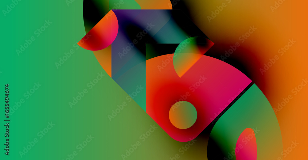 Poster abstract composition. vibrant colors blend, creating dynamic shapes. smooth gradients suggest moveme