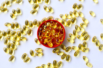 Softgel capsules of Vitamin D3 supplements, commonly used to support bone health, immunity, and...