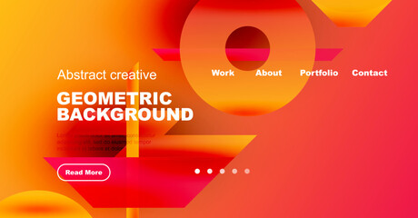 Dynamic abstract design. Vibrant orange, red hues dominate. Geometric shapes create modern visual impact. Text promotes portfolio access.