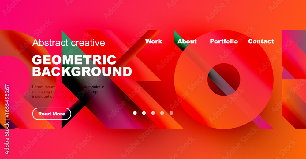 Poster vibrant geometric background features text, navigation menu, plus read more button. modern design wi