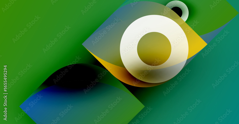Poster abstract design features layered shapes, vibrant colors. circular element dominates composition, cre