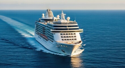 Naklejka premium Large cruise ship cuts a path through the ocean