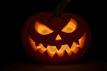 Halloween pumpkin smile and scary eyes for party night. Close up view of scary Halloween pumpkin with eyes glowing inside at black background. 3d rendering. Halloween party.
