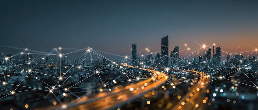 A city at night, interconnected by a network of lines and glowing points. Urban cityscape with blurred traffic and buildings at twilight