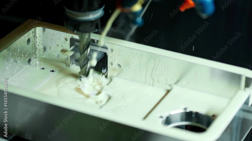 Poster a slow-motion close-up shows a cnc machine precisely drilling a detail into a metal component while 