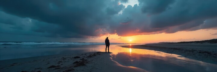 A lone figure stands on a desolate, windswept beach at dusk, silhouetted against a stormy sky, feeling utterly isolated and alone in the vastness of the landscape , melancholic, alone, travel