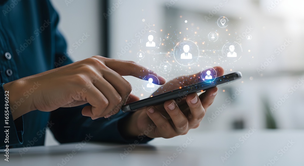 Poster close-up of hands using a smartphone with a digital network overlay