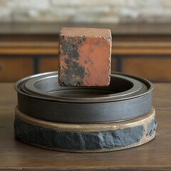 Levitated brick on circular metal and stone platforms.