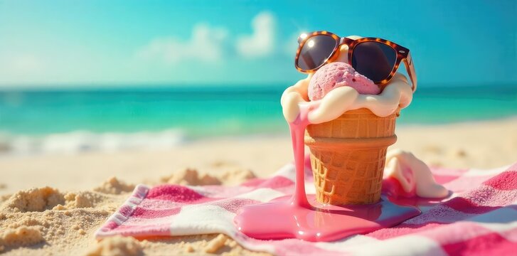 A melting ice cream cone drips down a sun-baked beach towel, sunglasses perched precariously on top; a hilariously sticky summer scene , coast, heat