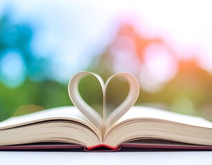 Fototapeta premium Open book with pages shaped as heart against a blurred nature background